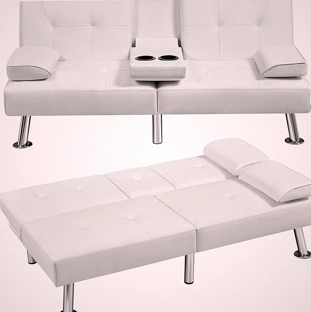 Convertible Sofa Bed Sleeper Faux Leather Recliner Couch w/ Cup Holders White