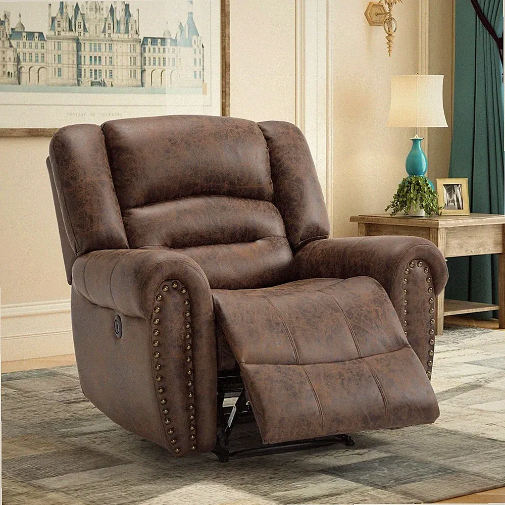 Dark Brown Overstuffed Leather Power Recliner Chair Chairs Recliners w/ USB Port