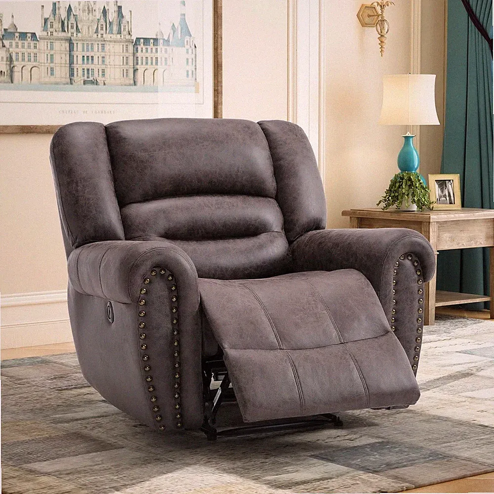 Gray Overstuffed Leather Power Recliner Chair Chairs Recliners w/ USB Port Grey