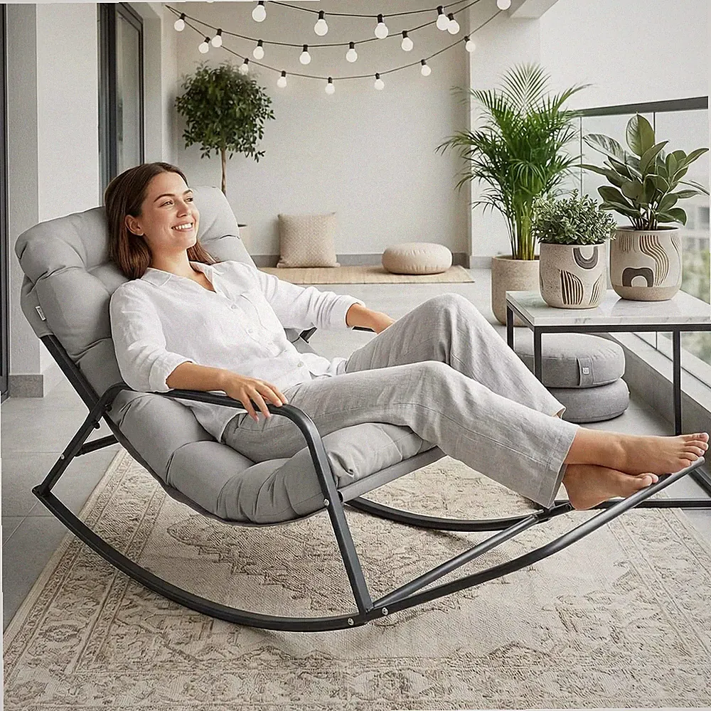 Papasan Rocking Chair with Footrest, Outdoor Rocking Chair with Cushion, Oversiz