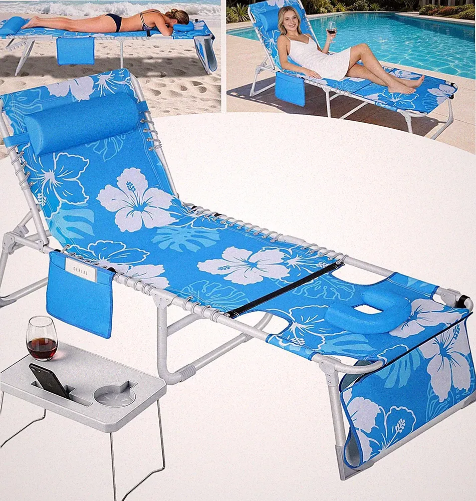 Sun Tanning Chair with Face Hole,Beach Lounge Chair with Folding Side Table,6-Po