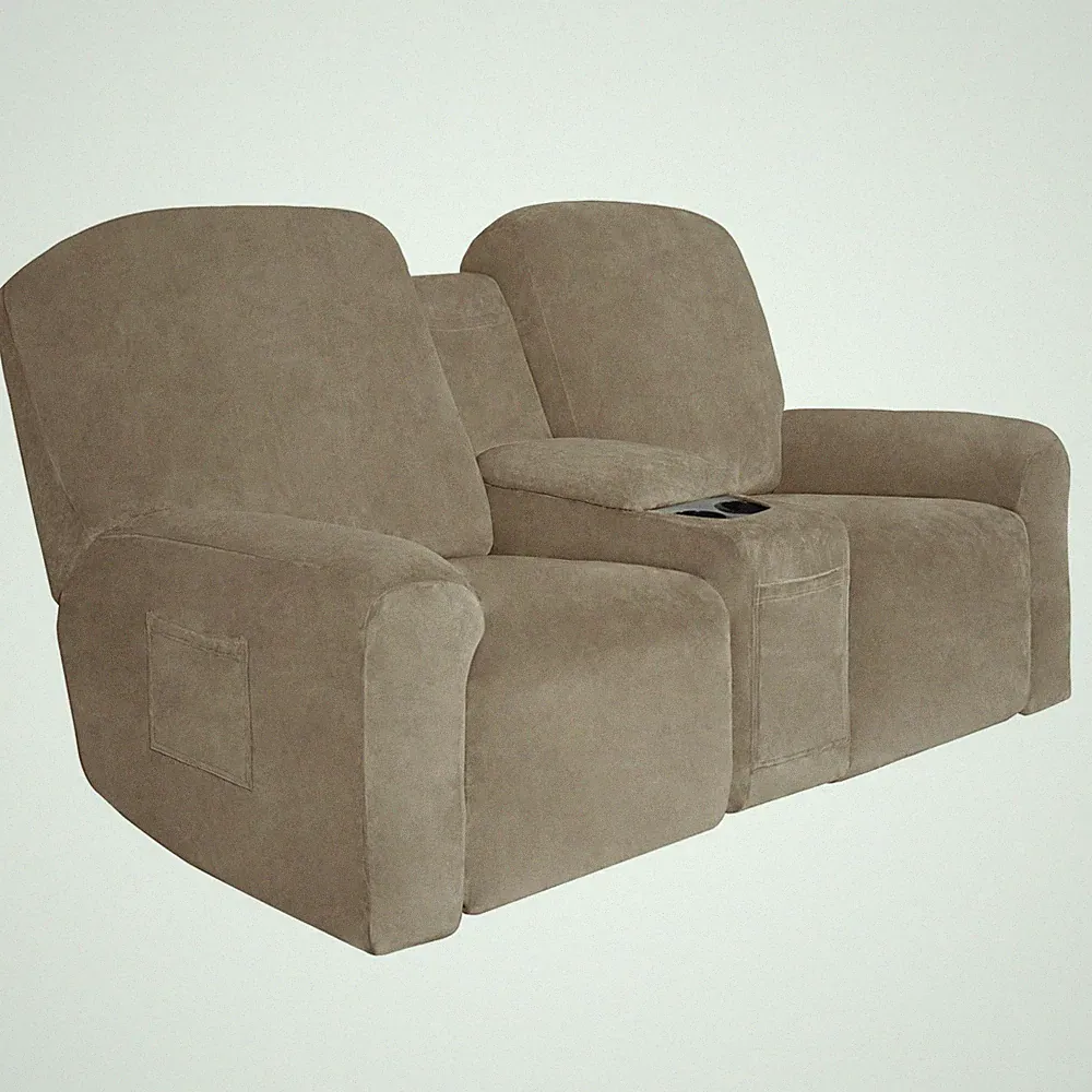 Velvet Reclining Loveseat with Middle Console Slipcover, Stretch 8-Piece Love...
